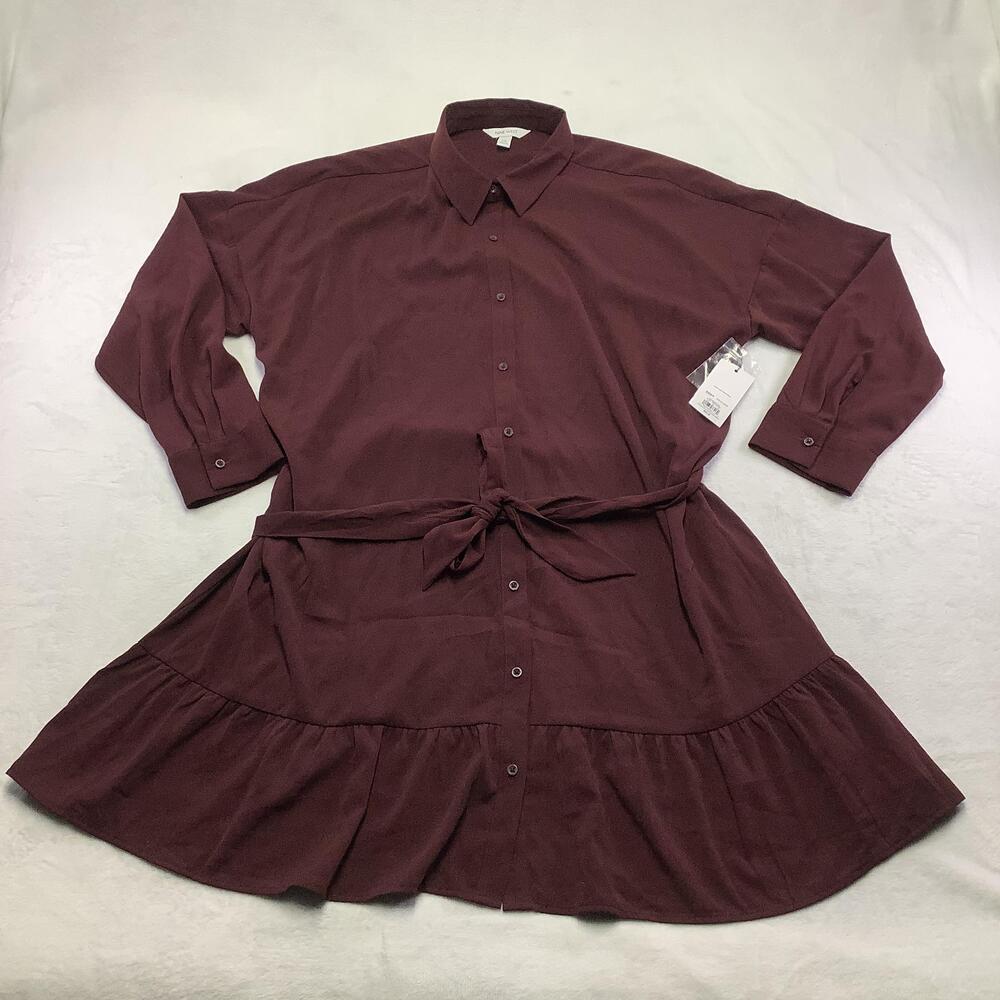 Nine West Shirt Dress Womens 2XL Purple Plum Ruffle Hem Belted Work Casual